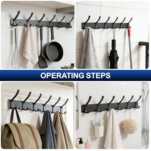 Heavy Duty Wall Mounted Coat Rack - 2-Pack with 12 Hooks, Black