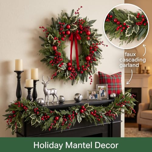 24 Inch Christmas Wreath with Artificial Eucalyptus & Red Bow for Front Door Holiday Decor - Variation of This Listing