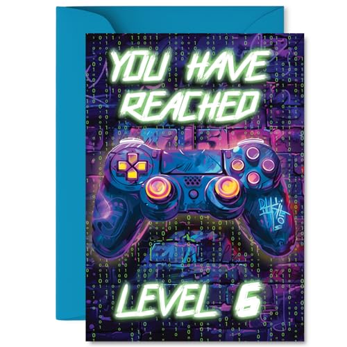 6th Birthday Card for Boys & Girls - Neon Video Gamer Design