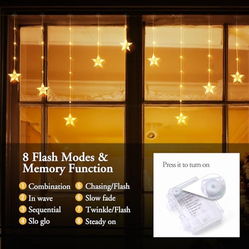 Quntis Warm White Christmas Window Lights with 76 LEDs & 9 Stars - Battery Operated Indoor Decor with 8 Modes & Timer
