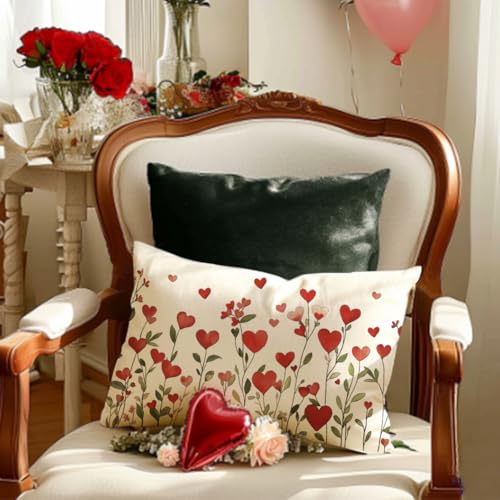 RABUSOFA Valentines Pillow Cover 12x20 Inch Waterproof Red Love Heart Floral Lumbar Throw Pillowcase for Indoor Outdoor Decor - Pack of 1