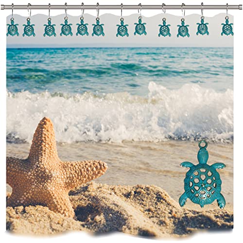 Decorative Green Sea Turtle Shower Curtain Hooks - Silver Rings