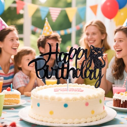 Cat Themed Birthday Cake Topper - Glitter Happy Birthday Decoration