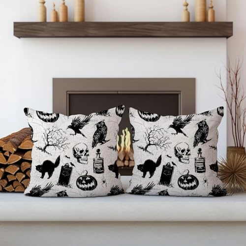 AOFANGGO Halloween Pillow Covers 18x18 Set of 2 Spooky Pumpkin Skull Black Cat Decor