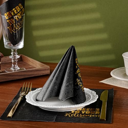 25-Count Retirement Cocktail Napkins - 3-Ply Black Gold Foil