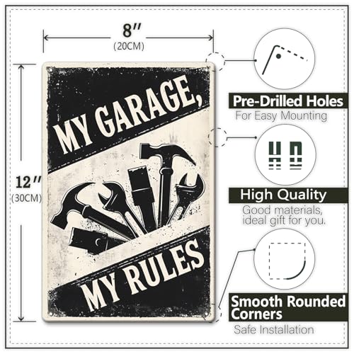 My Garage My Rules Vintage Metal Sign - 8x12 Inch Wall Art