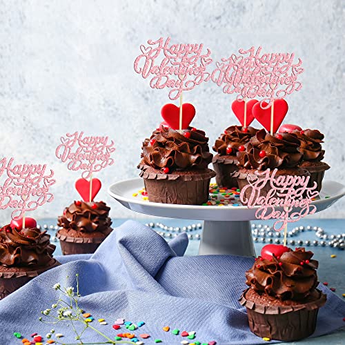 Valentine's Day Glitter Cupcake Toppers 24Pcs Pink Sweet Love Cake Picks