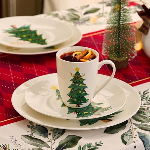 Christmas Tree Mugs Set of 6 - 14oz Bone China Coffee Cups, Microwave & Dishwasher Safe, Gift for Family (6pcs) Variation of Mug