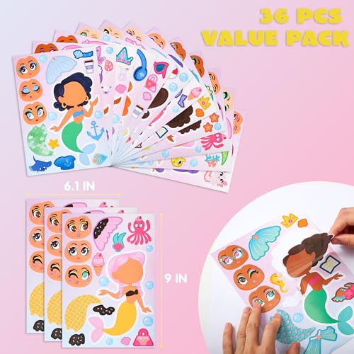 Joyin Mermaid Face Stickers for Kids - 36 Sheets, Party Favors & Crafts, Mermaid Theme Variation