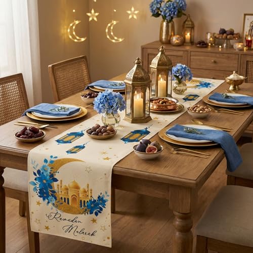 Ramadan Table Runner 13x72 Inch Beige Linen Eid Mubarak Decor