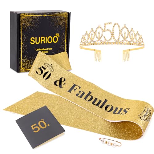 Gold 50th Birthday Decorations Set for Women | Tiara & Sash with Gift Box - SURIOO