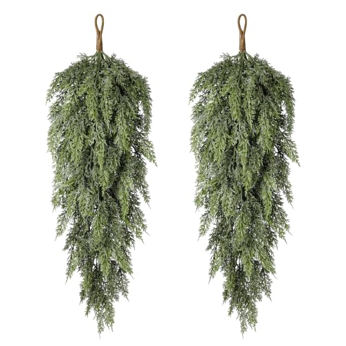 Artificial Christmas Teardrop Swag Set - 45 Leaves, 32 Inch Cedar Greenery Decor - 2 Pack