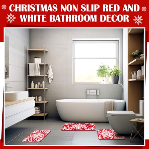 Nuanchu Christmas Snowflake Bathroom Rug Set - Red Non-Slip Holiday Bath Mats