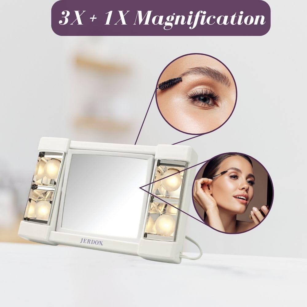 JERDON Two-Sided Makeup Mirror with Lights - Vanity Mirror with 3X Magnification & Glare-Free Lighting - White Base - Model J1010
