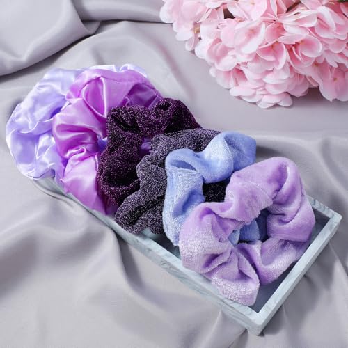 Purple Satin Silk Hair Scrunchies 6Pcs 4.5 Inch Soft Hair Ties for Women