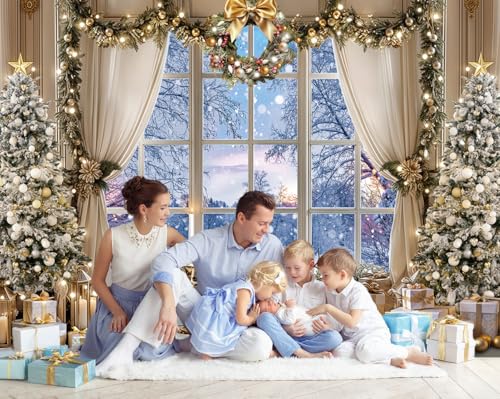 Christmas Window Backdrop White Winter Snow Forest Scene 7x5FT Xmas Photography Background Holiday Party Decor