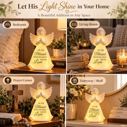 White Lighted Porcelain Angel Figurine with Inspirational Faith Message - Christian Home Decor