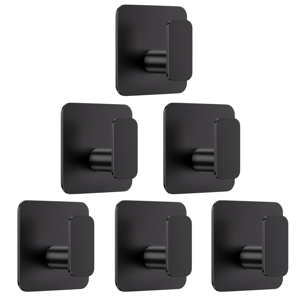 Aikzik Black Hooks for Hanging Heavy Duty, Adhesive Hooks for Shower, Bathroom, Kitchen, Robe, Towel, Coat, Waterproof & Rustproof Hook for Walls No Damage, Sticky Wall Towel Hooks - 6 Pack