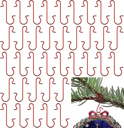 Red Christmas Ornament Hooks 120-Pack S-Shaped Metal Hangers with Storage Box