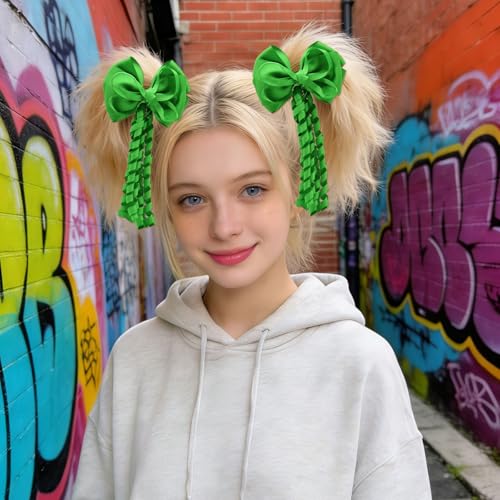 Leyhooney Green Hair Bows with Long Spiral Tassels 2PCS St Patrick's Day Clips