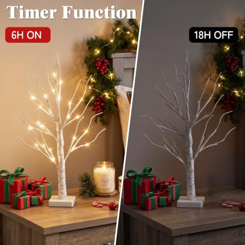 2FT Birch Tree Christmas Decor with LED Lights - Battery Powered Fairy Light Spirit Tree - 4 Pack