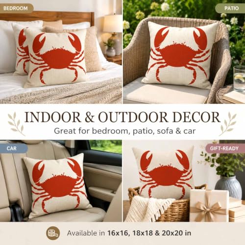 Red Crab Linen Throw Pillow Cover 18x18 Inch Nautical Decorative Cushion for Couch & Bedroom