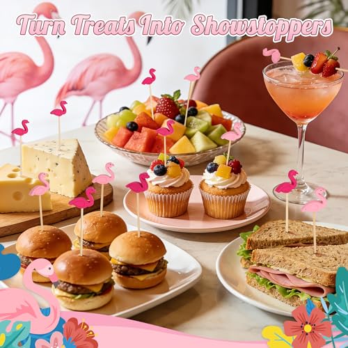 JEMVIK 100PCS Flamingo Cocktail Picks - 4.7 Inch Bamboo Appetizer Skewers