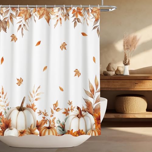 MEHOFOND Fall Pumpkin Shower Curtain, Orange Autumn Maple Leaf Decor 72x72