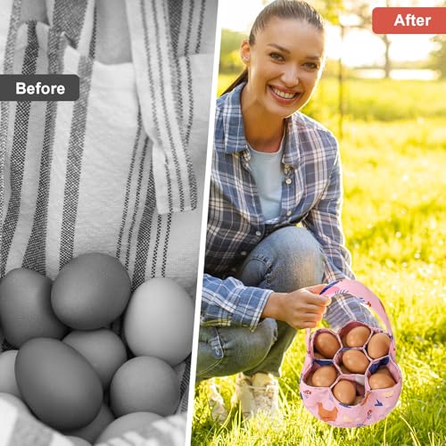 Canvas Egg Collecting Basket with 7 Pockets - Cute Chicken Design