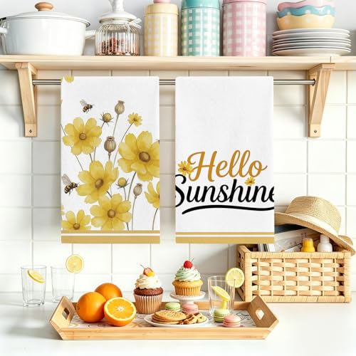 Premium Spring Summer Kitchen Towels Set of 2 - 18x26 Inch, Absorbent & Fade-Resistant, Hello Sunshine Design