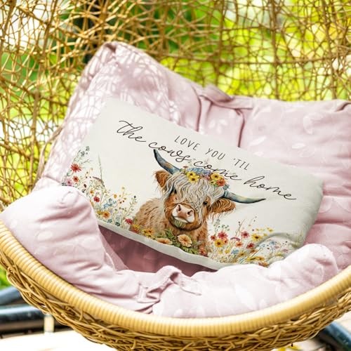 Highland Cow Wildflowers Lumbar Pillow Cover 12x20 Inch