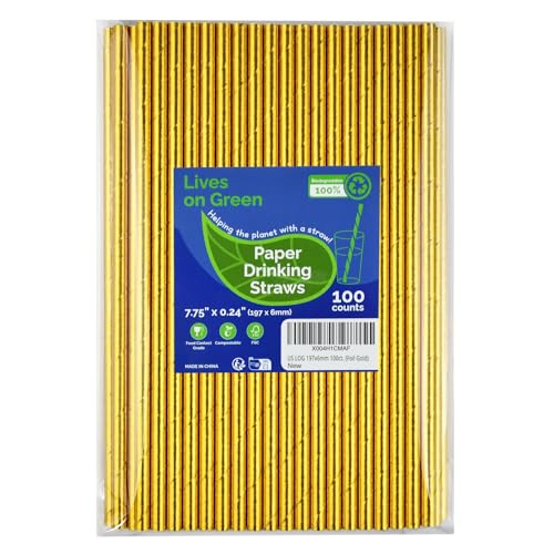 Foil Gold Paper Drinking Straws 7.75 inch, 100 Count, Eco-Friendly, for Cocktails & Parties