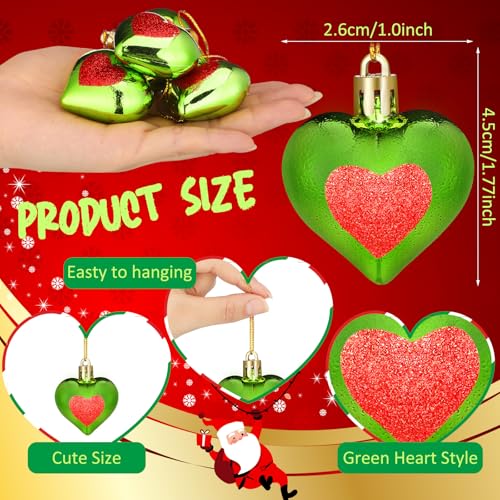 Lunmon 1.8 Inch Christmas Heart Ornaments - Lime Green & Red Set of 24 - Classic Variation