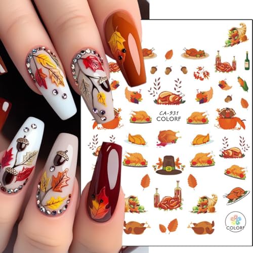 Fall Nail Stickers 6 Sheets Thanksgiving Turkey Pumpkin Autumn Decals