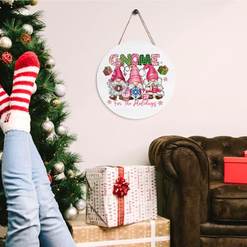Pink Gnomes Christmas Wooden Sign 12x12 Inches - Indoor Rustic Holiday Decor