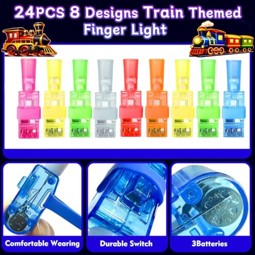 24PCS Train Party Favors Finger Lights - 8 Neon Designs for Goodie Bags