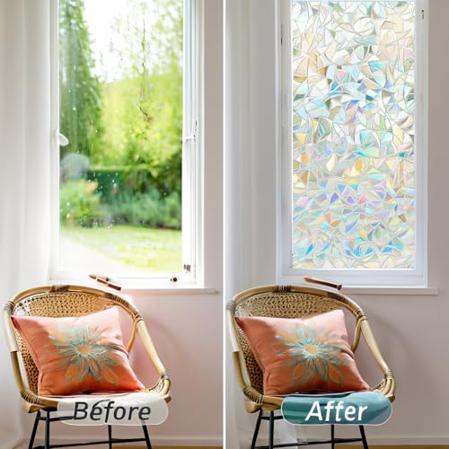 Transparent Rainbow Privacy Window Film – 17.5 x 78.7 inches, Reusable, No Residue