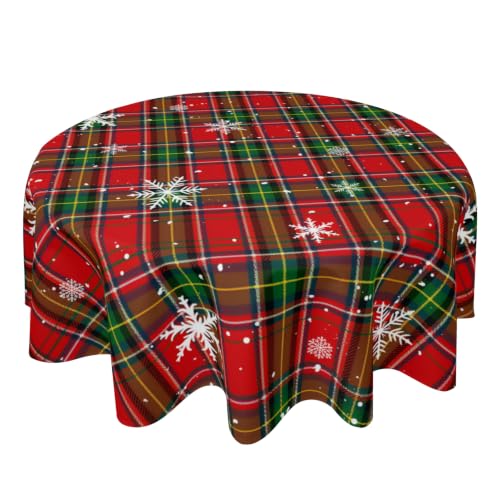 Xmas Plaid Snowflake Round Tablecloth - 60 Inch Holiday Christmas Decor