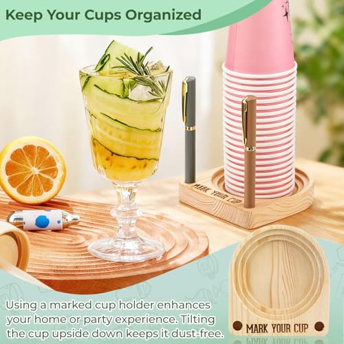 OLLBIT Wooden Disposable Cup Holder with Marker Slots for Parties