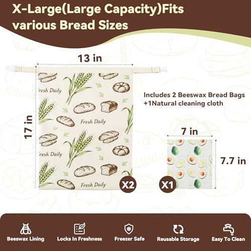 Reusable Beeswax Bread Bags - 2 Pack for Sourdough & Artisan Bread 17x13 In