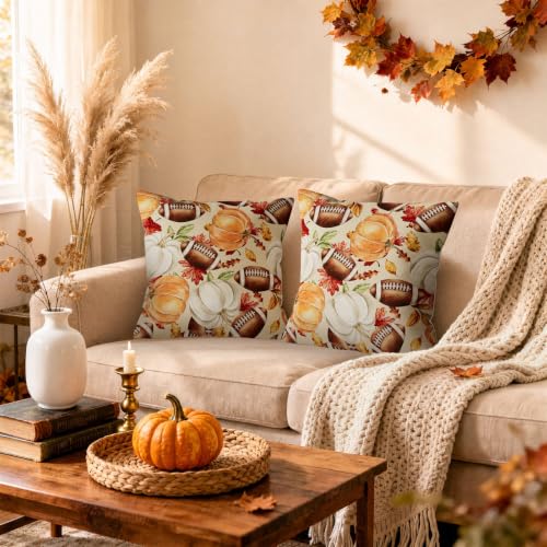 Fall Football Pumpkin Throw Pillow Cover, 18x18 Inch Decorative Burlap Case