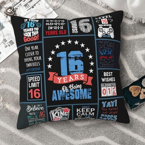 16th Birthday Gift for Boys Throw Pillow Cover, 18x18 Inch Blue Design