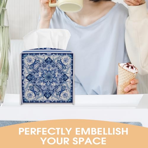 Boho Floral Tissue Box Cover Holder - Blue PU Leather Decor