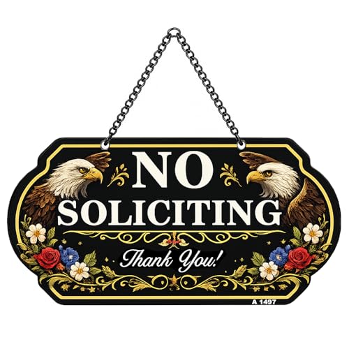 No Soliciting Sign - Decorative Aluminum Door Sign with Chain