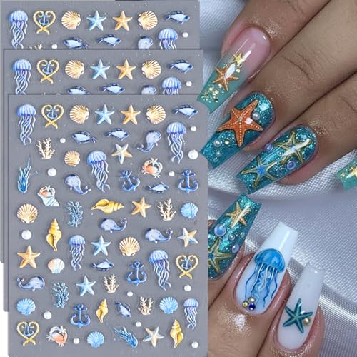 KAICCOSO 5D Embossed Starfish & Shell Nail Stickers - 3 Sheets Summer Beach DIY Manicure Decals