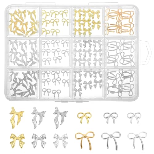 Ouligay 96 PCS Metal Bow Nail Charms 3D Gold and Silver Nail Art Decors