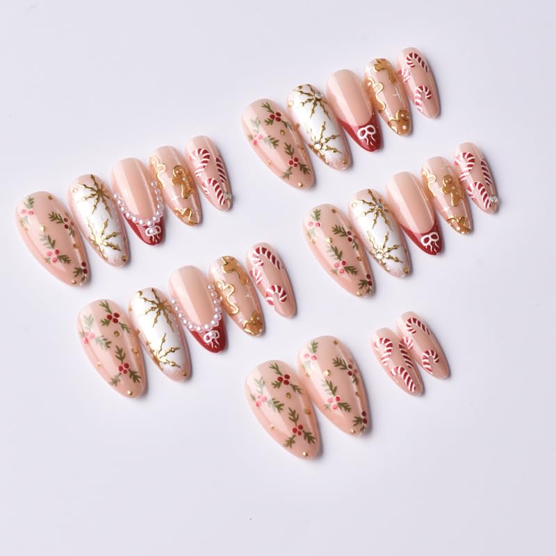 Christmas Press on Nails Long Almond Fake Nails Festive Holiday Design