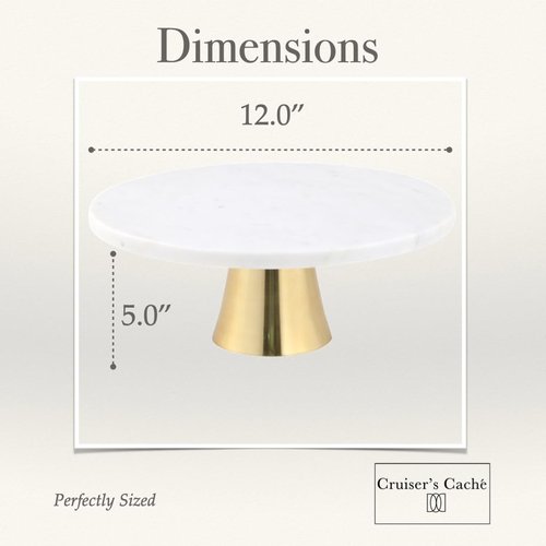 Cruiser’s Caché 12-Inch Marble Cake Stand | Natural White Marble with Gold Base | Round Dessert Stand, Cupcake Stand for Birthday Parties, Weddings, Baby Showers | White and Gold