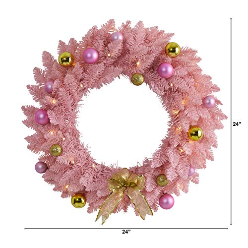 Pink Artificial Christmas Wreath with Pre-Lit LEDs - 24 Inch Holiday Decor