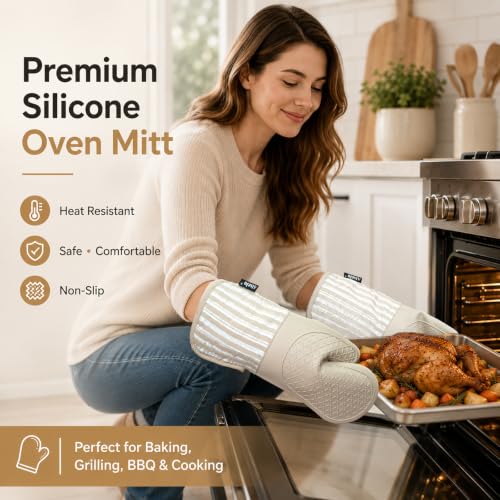 Alselo Extra-Long Silicone Oven Mitts, Heat Resistant Gloves - Khaki, Set of 2